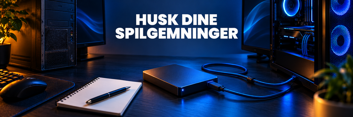 Eksternt drev mellem to computere på et ryddeligt bord med blå belysning.