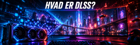 Gaming skærm med neonby og grafikkort, hvor pixels bliver til et detaljeret billede under overskriften Hvad er DLSS?