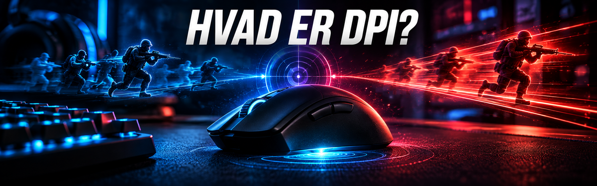 Sort gaming mus med blå og røde lyseffekter og overskriften Hvad er DPI?