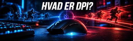 Sort gaming mus med blå og røde lyseffekter og overskriften Hvad er DPI?