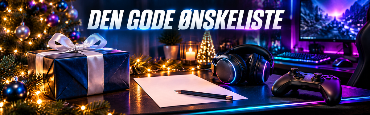 Julepyntet gamingdesk med gaveæske, ønskeliste, generisk headset og controller under teksten Den gode ønskeliste