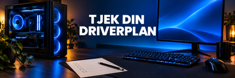 Generisk gaming-PC med en rolig blå skærm og papircheckliste under teksten Tjek din driverplan