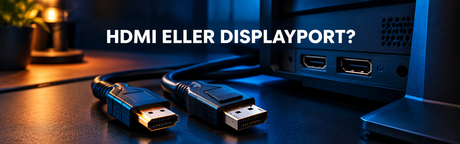 HDMI- og DisplayPort-stik ved en gamingmonitor med blå kantbelysning.