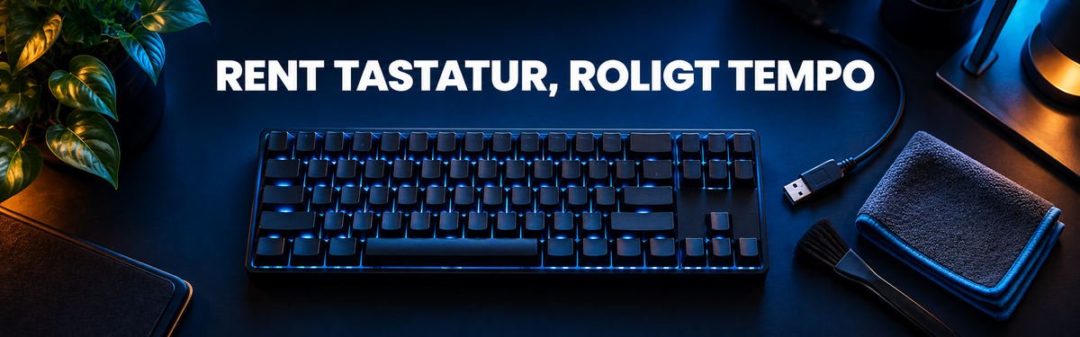 Frakoblet generisk gamingtastatur med tør mikrofiberklud og blød børste under teksten Rent tastatur, roligt tempo