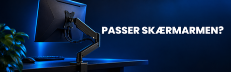 j5create-skærmarm med generisk skærm ved et mørkt bord under teksten Passer skærmarmen?