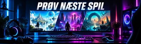 Gamingdesk med blå og lilla belysning og en skærm med fantasifulde spilverdener under teksten Prøv næste spil