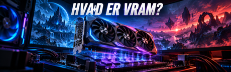Gaming grafikkort foran et fantasifuldt spillandskab med overskriften Hvad er VRAM?