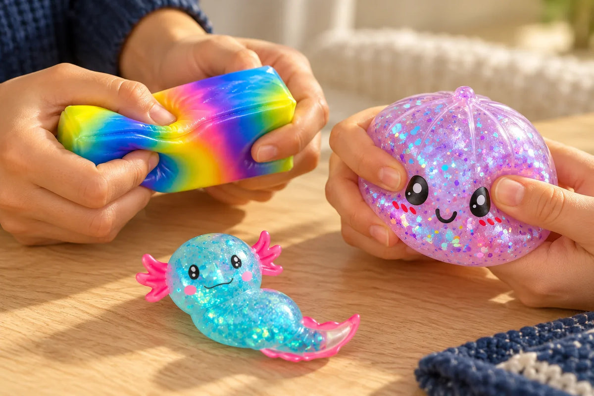 Leg med Regnbue Butter Squishy, Glitter Dumpling og Sugar Axolotl – AI-genereret inspirationsbillede