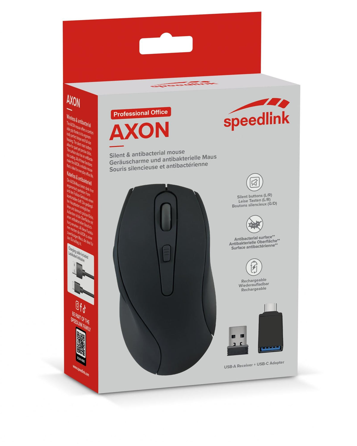 Speedlink - AXON Silent & Antibacterial Rechargeable Mouse - Wireless, USB-A/-C, rubber-black Speedlink
