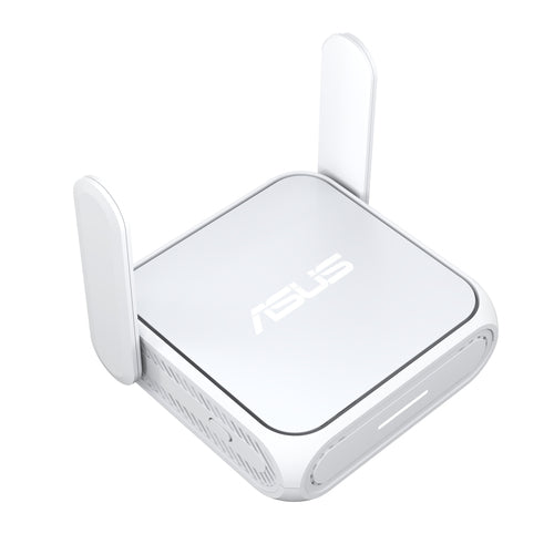 Hvid ASUS RT-BE58 Go rejserouter – overside med antennerne oppe