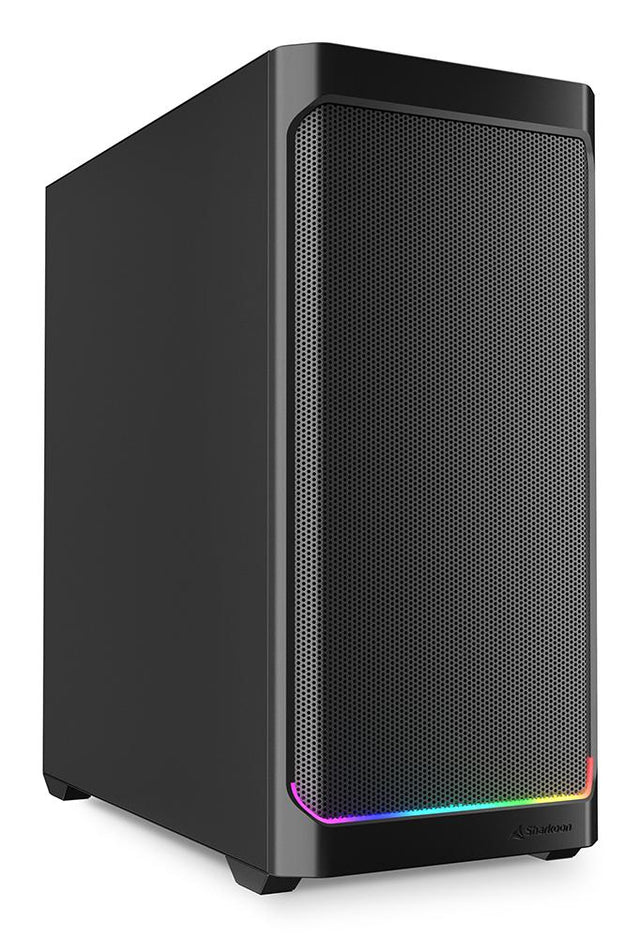 Sort Sharkoon AK4 RGB Strip kabinet med lukket metalside og lysstrimmel på fronten