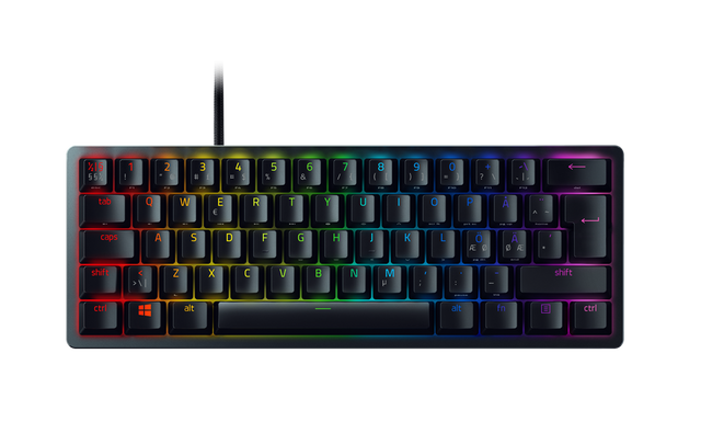Razer Huntsman Mini – Mini 60% – Nordic – Clicky Purple – Sort – tastatur med RGB set ovenfra; producentillustration, varen har nordisk layout