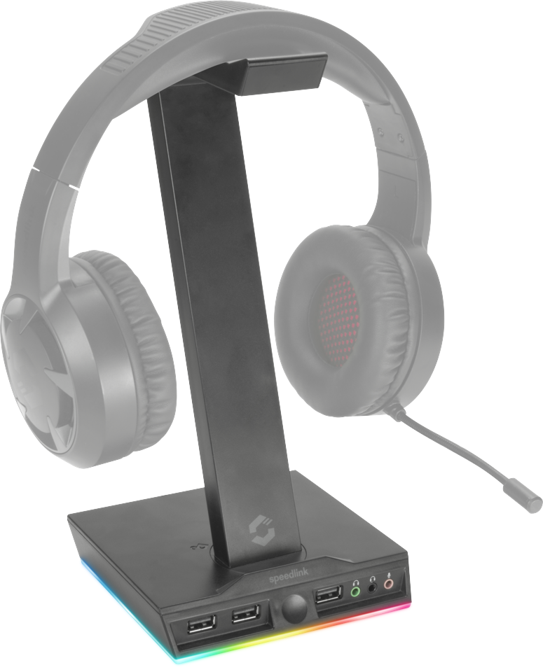 Speedlink - EXCELLO Upplyst Headsetställ, 3-portars USB 2.0-hubb, Integrerat Ljudkort, Svart