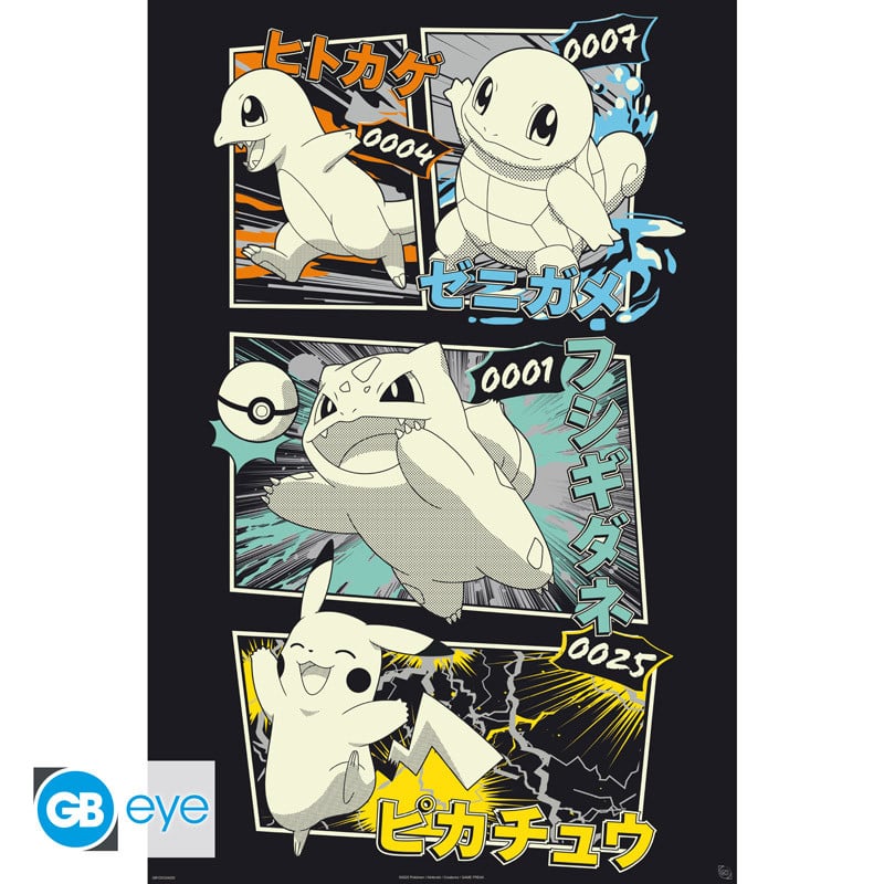 Pokémon Pikachu & Kanto Starters – plakat med Charmander, Squirtle, Bulbasaur og Pikachu