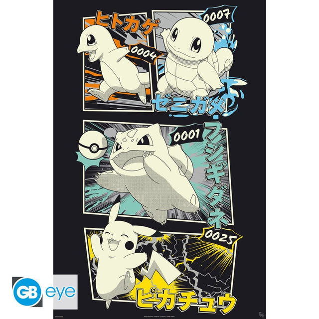 Pokémon Pikachu & Kanto Starters – plakat med Charmander, Squirtle, Bulbasaur og Pikachu