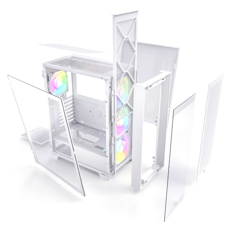 Montech Air 1000 Premium White - Midi Tower, Härdat Glas, 3x 140mm+120mm ARGB-fläkt, 2x Frontpaneler