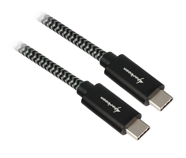 Sort og gråt flettet Sharkoon USB-C-kabel med USB-C-hanstik i begge ender