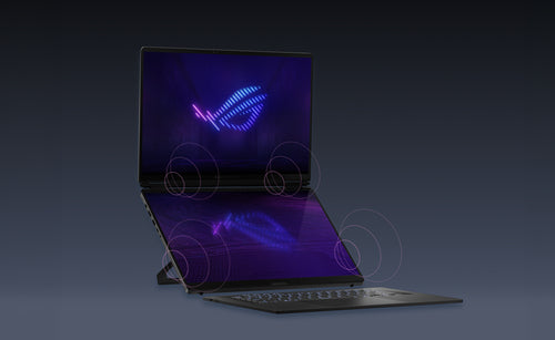 ASUS ROG Zephyrus Duo GX651AR-SR042W – illustreret i brug (vinkel 6); tastaturlayout illustrativt