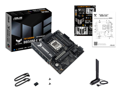 ASUS TUF GAMING B850M-E WIFI med kabler og tilbehør