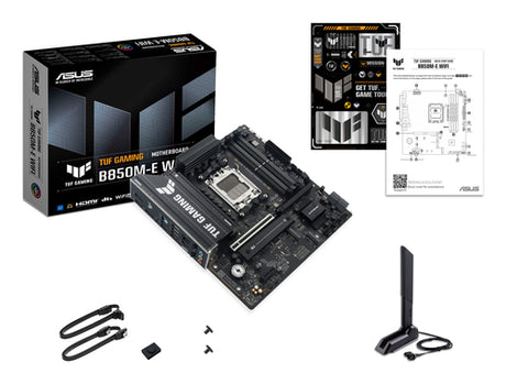 ASUS TUF GAMING B850M-E WIFI med kabler og tilbehør