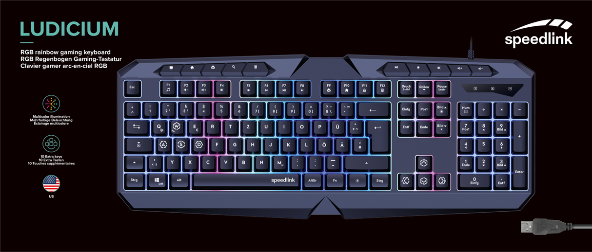 Speedlink - LUDICIUM RGB Rainbow Gaming Tangentbord, Svart - US Layout