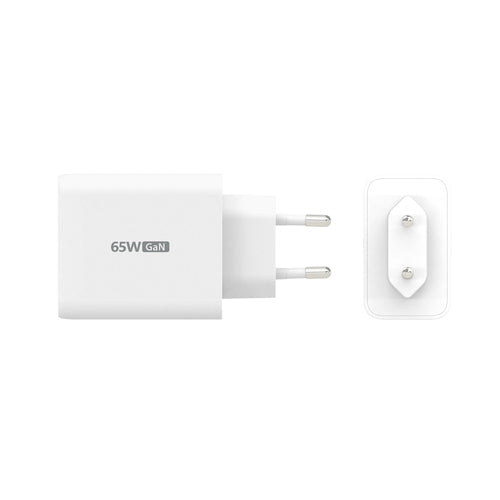 j5create 65 W GaN-oplader – 2×USB-C og USB-A – EU – Mål og stik illustreret