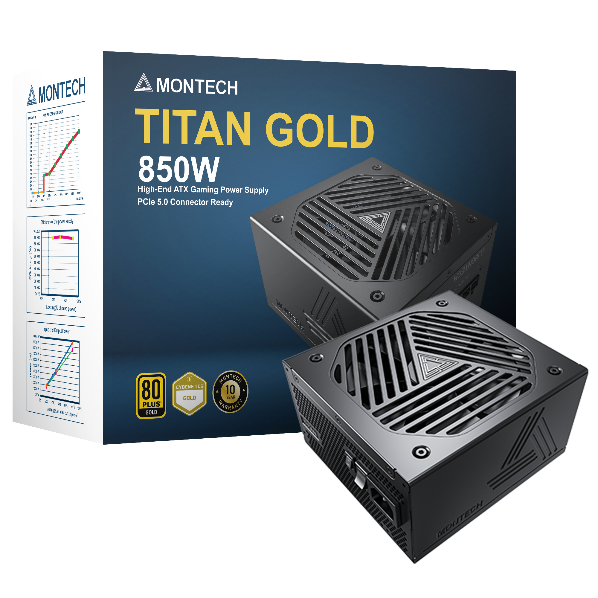 Montech Titan 850W - Full Modulär, 80+ Guld & Cybenetics Gold, ATX 3.0, 12VHPWR-kontakt
