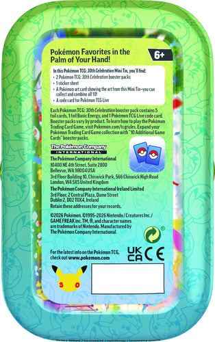 Pokémon TCG 30th Celebration – Mini Tin – Assorteret – tinnens bagside med indholdsoplysninger