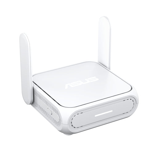 Hvid ASUS RT-BE58 Go rejserouter – skråt forfra med begge antenner