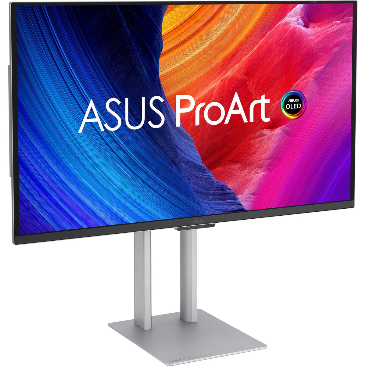 ASUS ProArt PA27UCDMR – skærm med sølvfarvet fod set skråt forfra