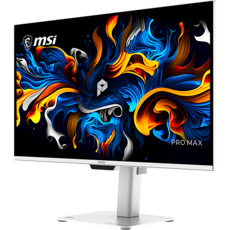 MSI PRO MAX 271UPXW12G – 26,5″ 4K QD-OLED-skærm, hvid – forside set skråt