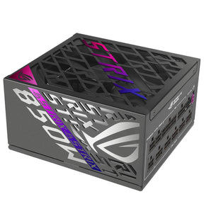 ASUS ROG Strix 850W Platinum – sort strømforsyning med ventilator set skråt