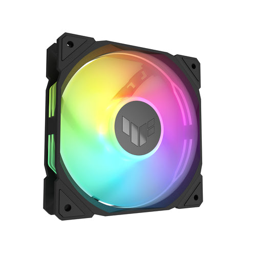 ASUS TUF Gaming TR120 ARGB – ARGB-belyst front fra en anden vinkel
