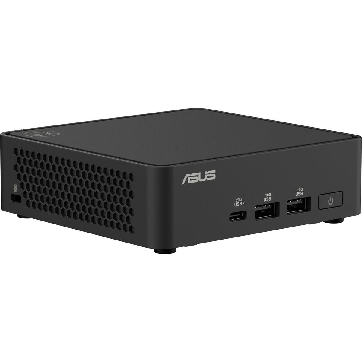Sort ASUS NUC 15 Pro Slim Mini PC set skråt forfra med USB-porte og ventilationsside