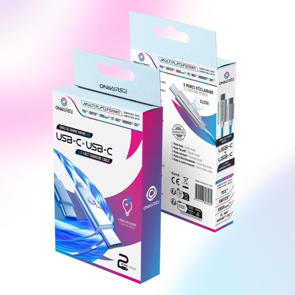 ONIVERSE LED FAST CHARGING CABLE : USB-C > USB-C, 2 M - WHITE Oniverse