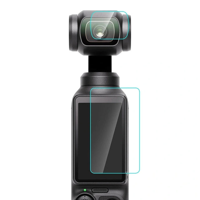 PULUZ beskyttelsesglas til DJI Osmo Pocket 3 – Skærm og objektiv – To beskyttelsesglas vist placeret på DJI Osmo Pocket 3; kamera medfølger ikke