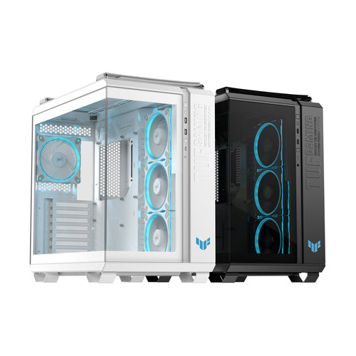 ASUS TUF Gaming GT502 Horizon ARGB – producentbillede med hvidt og sort kabinet; varen er hvid