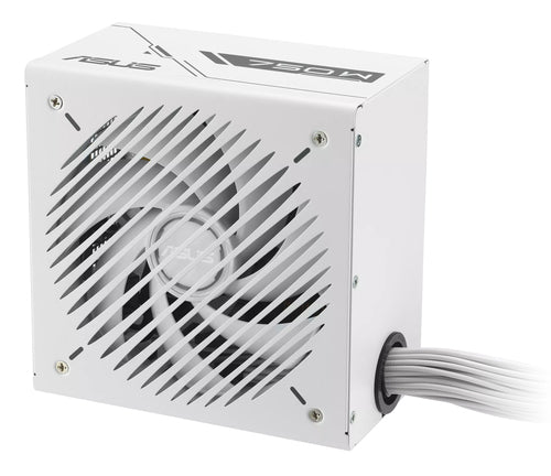 ASUS PRIME-750B-WHITE – ventilator og kabler set fra modsat vinkel
