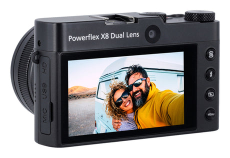 Rollei Powerflex X8 Dual Lens – Zoom- og selfiekamera – Bagside med selfieobjektiv og touchskærm