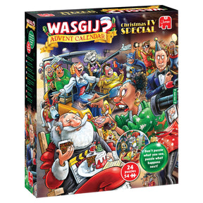 Wasgij Christmas TV Special julekalender 2026 – 24 × 54 brikker – kalenderens forside