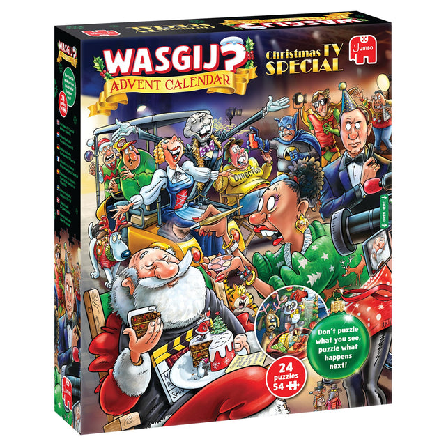 Wasgij Christmas TV Special julekalender 2026 – 24 × 54 brikker – kalenderens forside