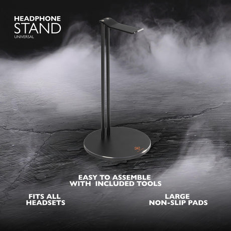 Sort Deltaco Gaming GAM-070-headsetstander – reklamebillede med stander og produktegenskaber