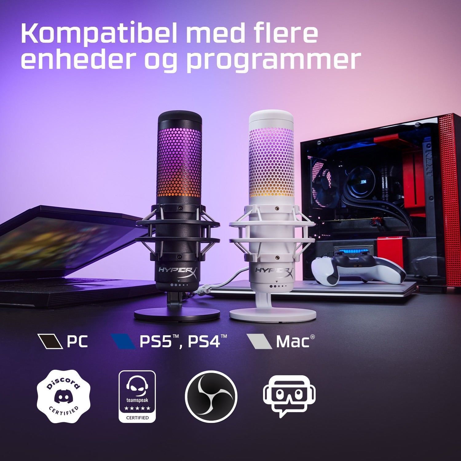 HyperX QuadCast S Mikrofonkabel -36dB Dubbelriktad Stereokardioid Rundstrålande Vit