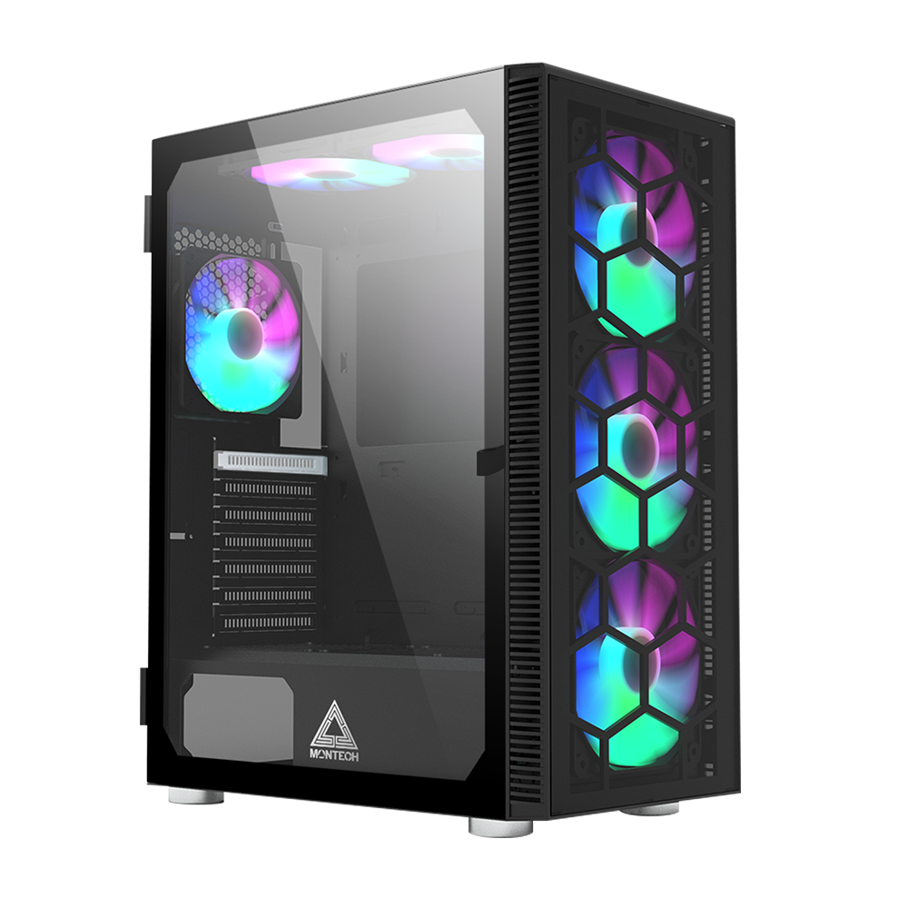 Montech X3 Glass Black - 3x 140 Mm Statiska RGB-fläktar + 3x 120 Mm Statiska RGB-fläktar, Sidvridbart Härdat Glas