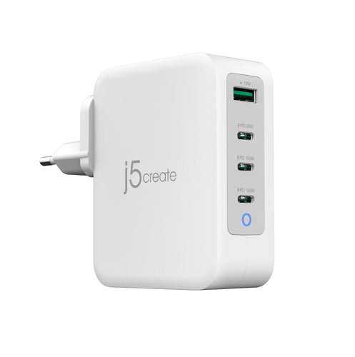 j5create 130 W GaN-oplader – 4 porte – EU – oplader fra modsatte side