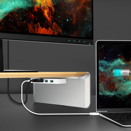 j5create JCT425-N – skærmstativ i træ med USB-C-dock – HDMI-tilslutning illustreret