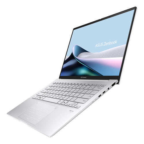 ASUS Zenbook 14 OLED UX3405CA-QD738W – set skråt forfra (vinkel 2); tastaturlayout illustrativt