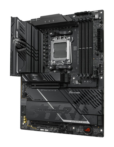 ASUS ROG STRIX X870E-H GAMING WIFI7 – ATX AM5 bundkort – skråt ovenfra