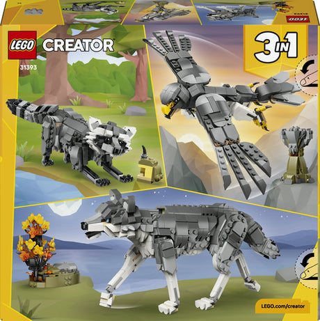 LEGO Creator 3-i-1 31393 – Skovens dyr: Grå ulv – æskens bagside med de tre alternative dyremodeller
