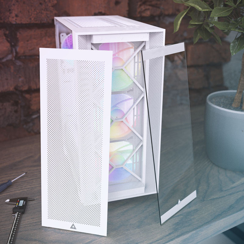 Montech Air 1000 Premium White - Midi Tower, Härdat Glas, 3x 140mm+120mm ARGB-fläkt, 2x Frontpaneler